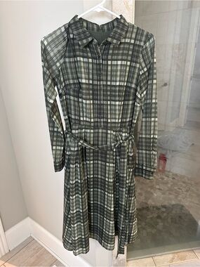 Gal Meets Glam Olive and Cream Plaid Long Sleeve Dress